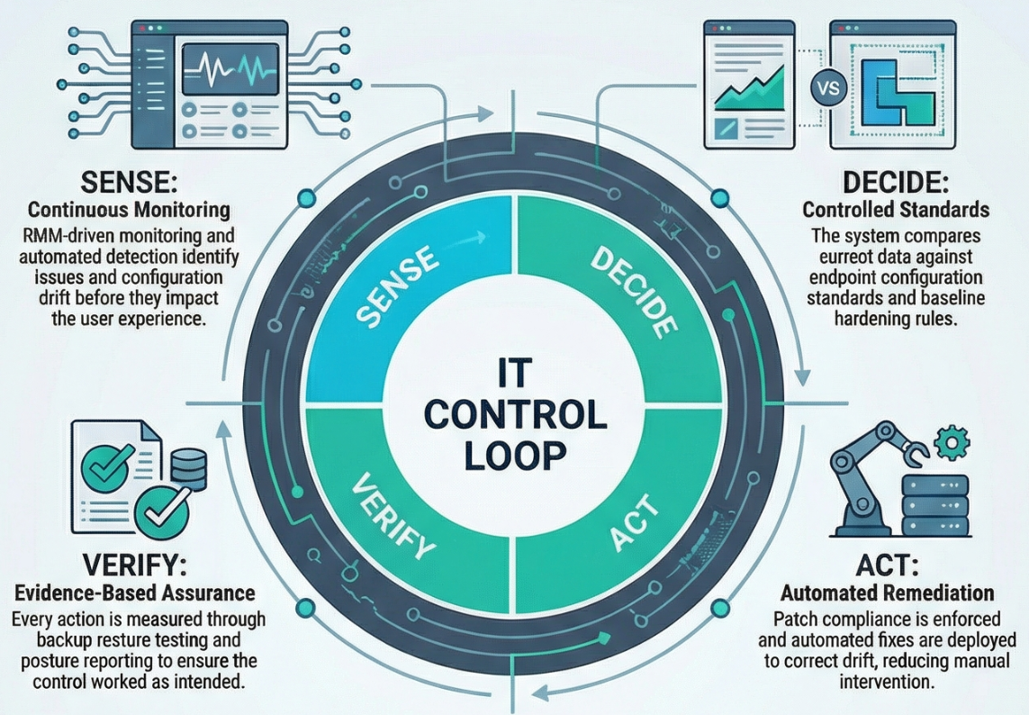 Diagram illustrating the cybernetics control loop: Sense, Decide, Act, Verify